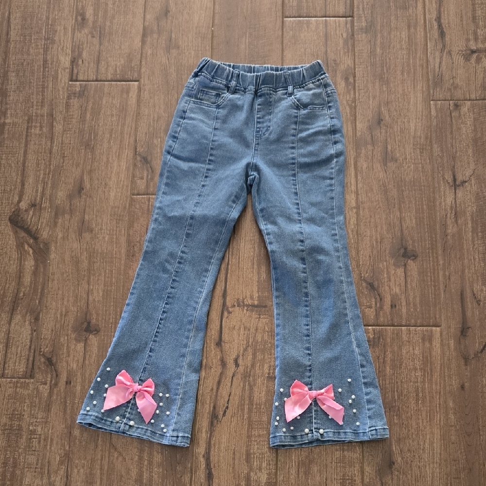 Kids Denim Flare Pants with Pink Bows